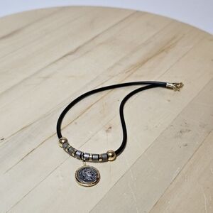 Roman Stye Coin In Bezel Pendant With Metal Beads Signed "RR"
